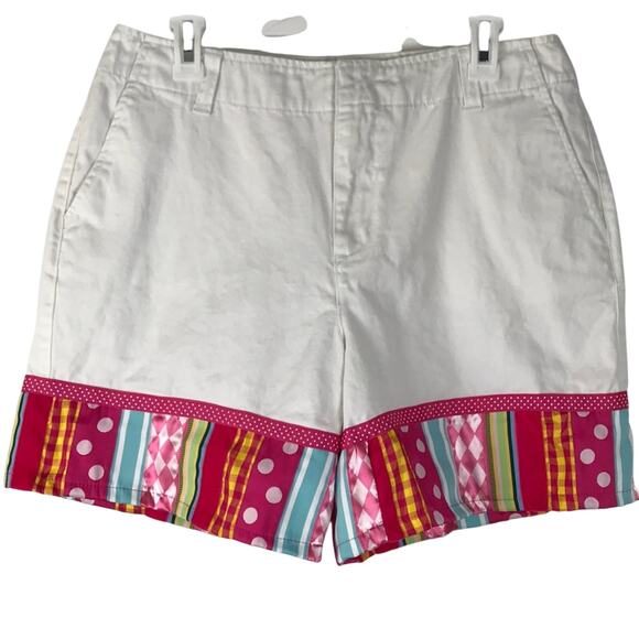 Liza Byrd High Rise Cotton Shorts Multicolor Pattern Contrast Hem Pockets Sz 12 - Picture 1 of 14